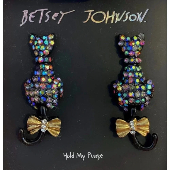 Betsey Johnson Black Cat Iridescent Pave Rhinestone Earrings in Gift Box - Picture 3 of 7